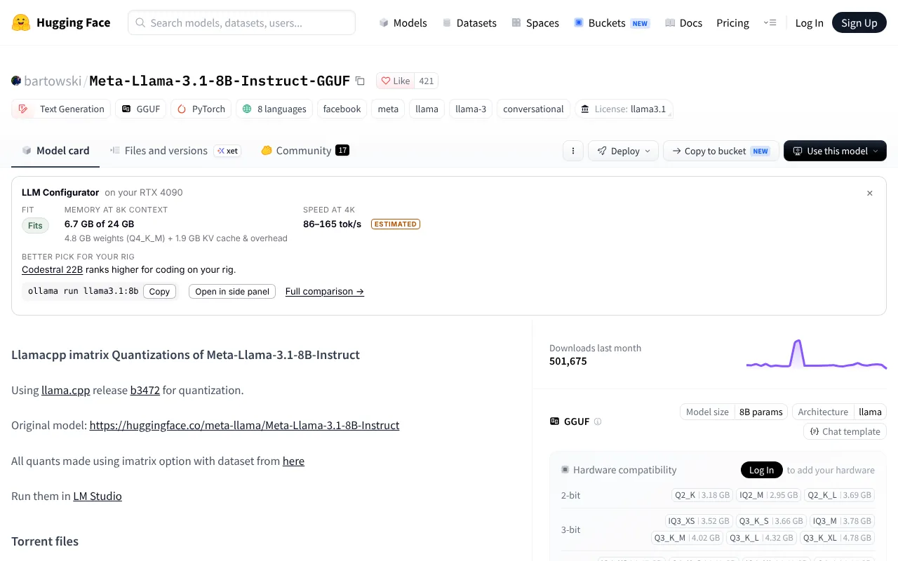 The LLM Configurator card under a Hugging Face model header: Fits, 6.7 GB of 24 GB at 8K context, 86–165 tok/s estimated, a better pick and an ollama run command.